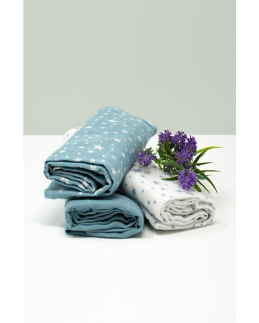 Lot de 3 langes 100% Coton Bio motifs étoiles