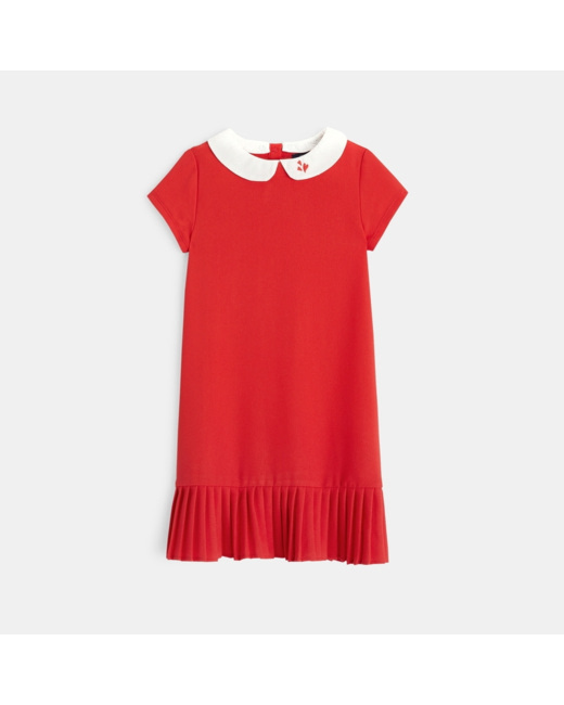 Robe unie plissée à col Claudine rouge fille