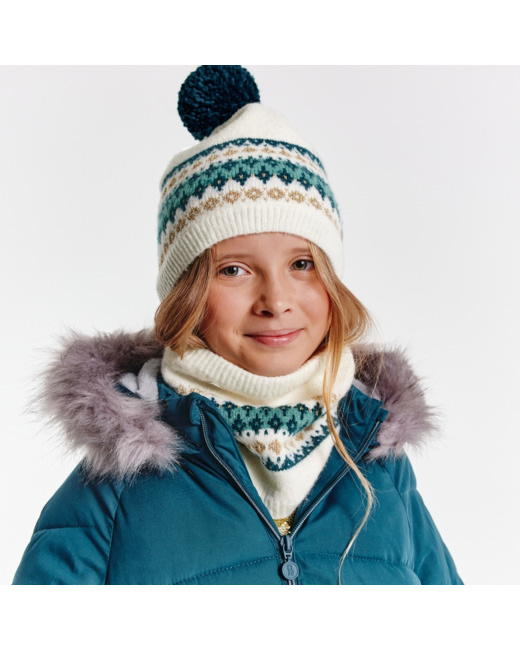 Bonnet scandinave à pompon beige fille