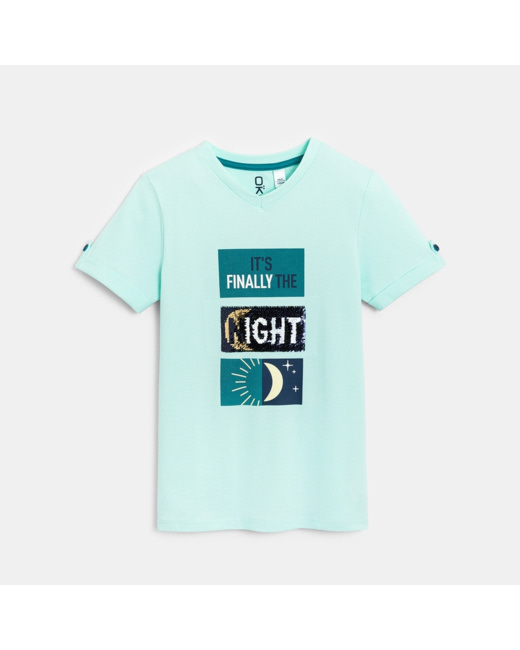 T-shirt manches courtes à message turquoise garçon