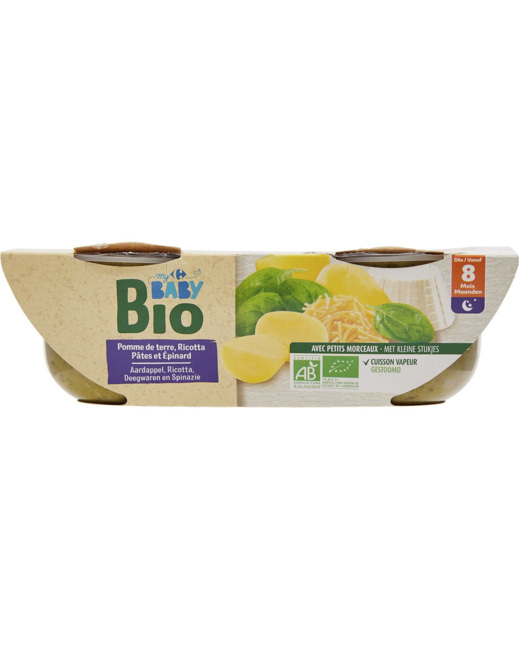 Plat bébé bio - Pomme de terre, ricotta, pâtes et épinard
