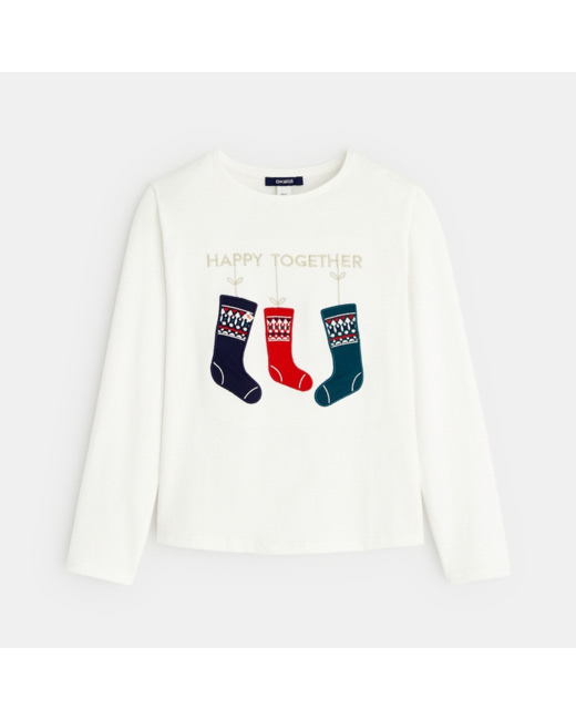 T-shirt Noël à message "Happy Together" blanc fille