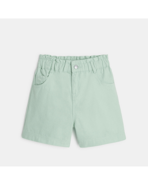 Short taille haute en toile unie vert fille