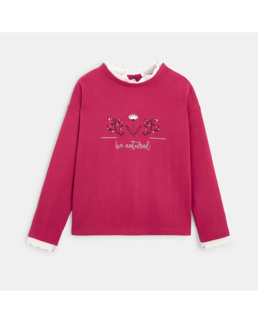 Sweat-shirt à col collerette et motif brodé rose fille