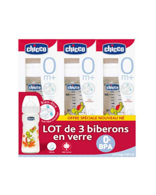 Biberons en verre 240ml tétine silicone 0 mois+ (x3)