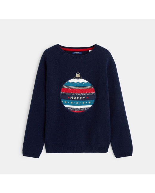 Pull de Noël col rond bleu fille