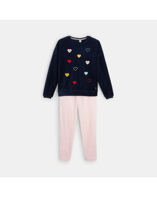 Pyjama en velours à coeurs bleu fille
