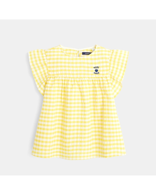 Blouse à carreaux et manches volantées jaune fille