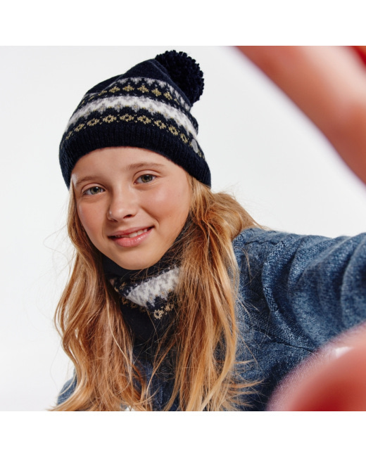 Bonnet scandinave à pompon bleu fille