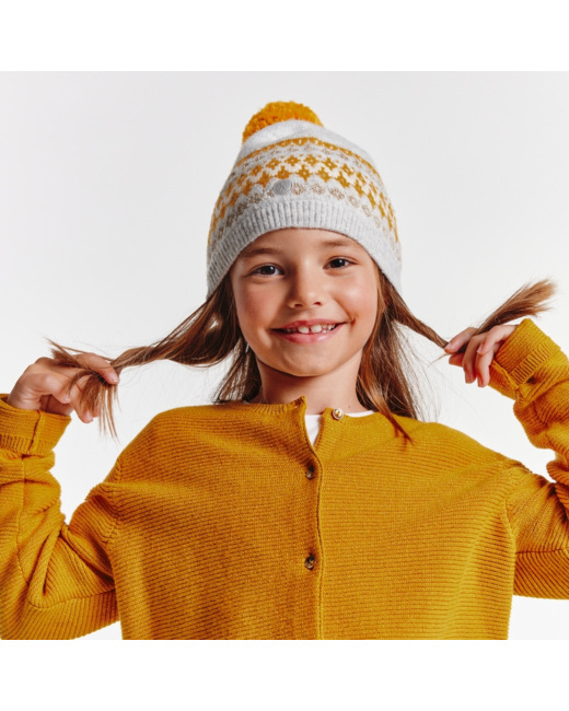 Bonnet scandinave à pompon gris fille