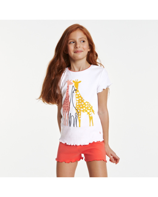 Pyjama short coton imprimé girafes blanc fille
