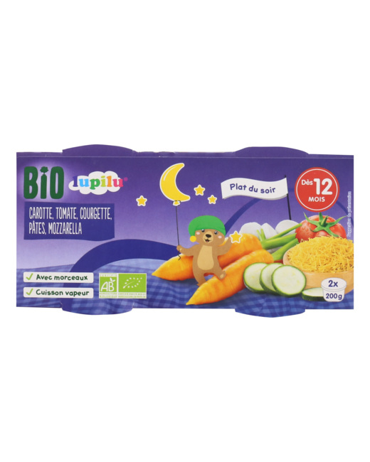 Coupelle 12 mois nuit Bio - Carotte, tomate, courgette, pâtes, mozzarella