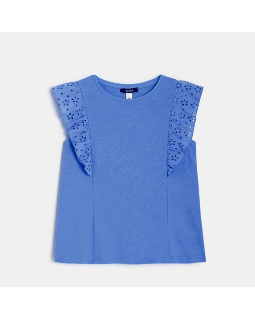 T-shirt détail broderie anglaise bleu fille