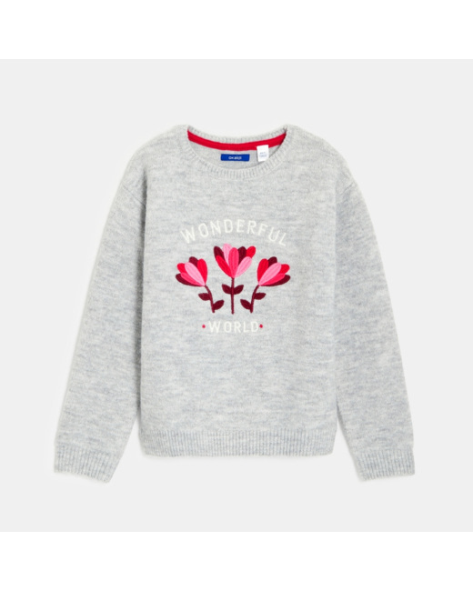 Pull brodé de fleurs gris fille