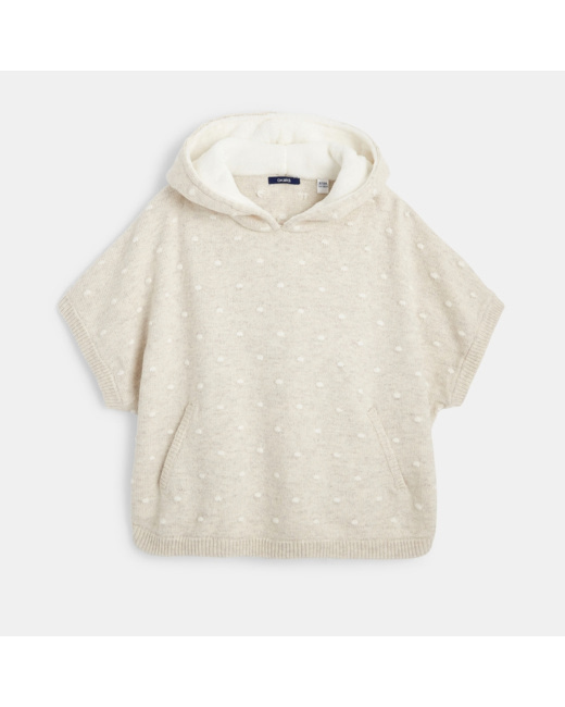 Poncho à capuche en maille fine beige fille