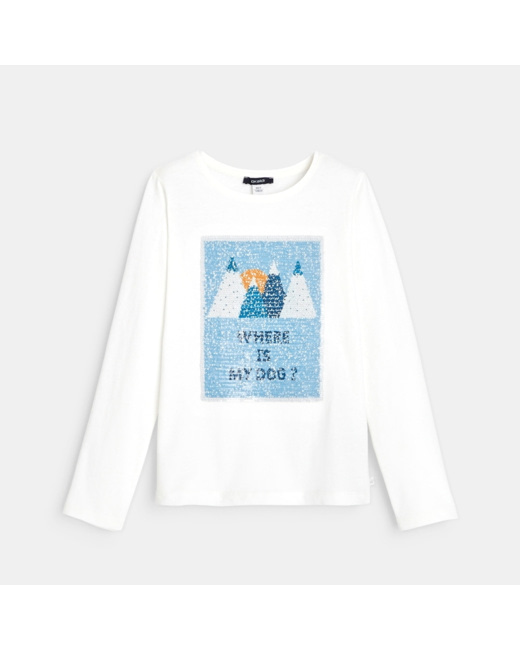 T-shirt sequins magiques chien blanc fille