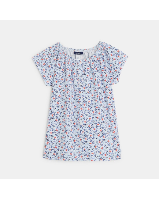 T-shirt imprimé à encolure élastiquée bleu fille