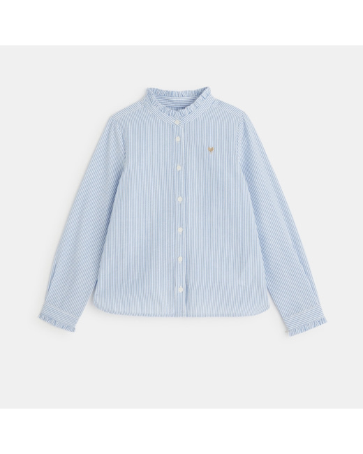 Chemise frou-frou rayée et broderie cœur bleue fille