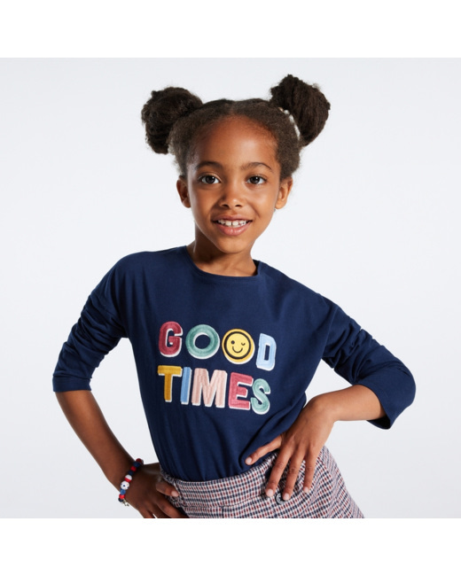 T-shirt à message "FEEL GOOD" bleu fille