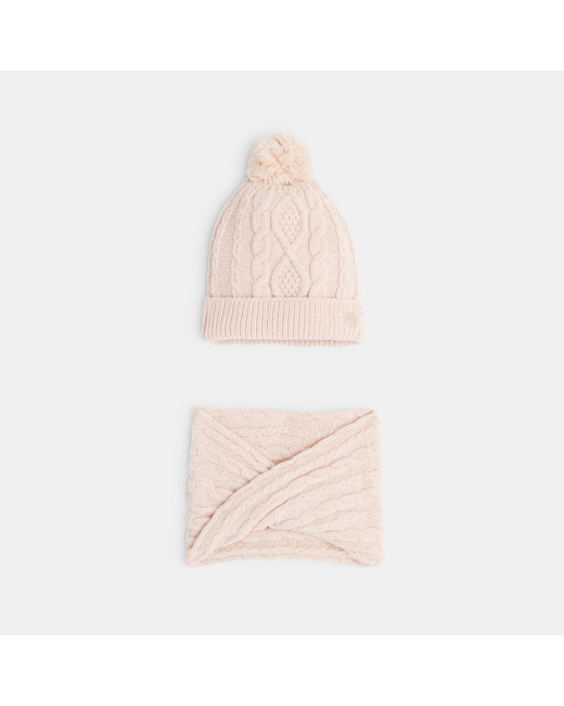 Bonnet à pompon et snood torsadés assortis rose fille