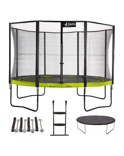 Trampoline de jardin rond 430 cm + filet + échelle + bâche + kit ancrage PUNCHI