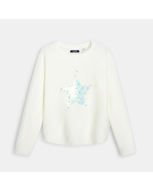 Pull au point mousse et motif sequins beige fille