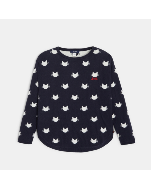 Pull jacquard motif chat bleu fille