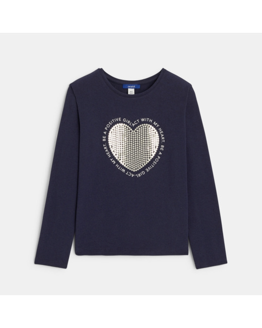 T-shirt cœur à paillettes bleu fille
