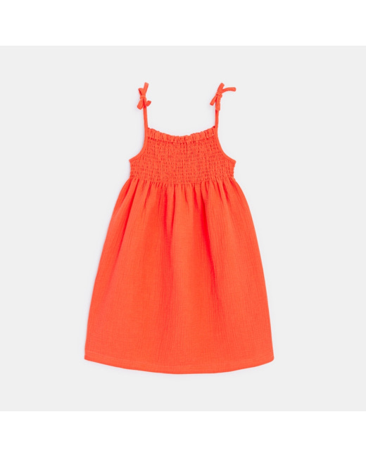 Robe à smocks unie en gaze de coton orange fille