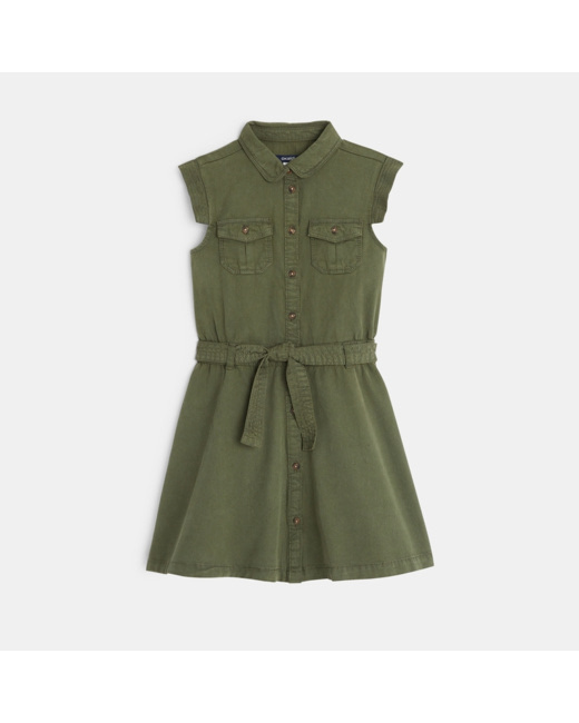 Robe safari en toile unie verte fille