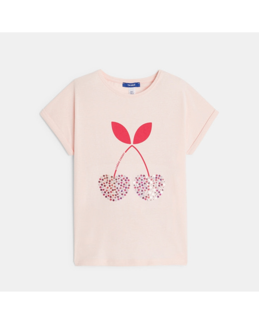 T-shirt à sequins motif cerise rose fille