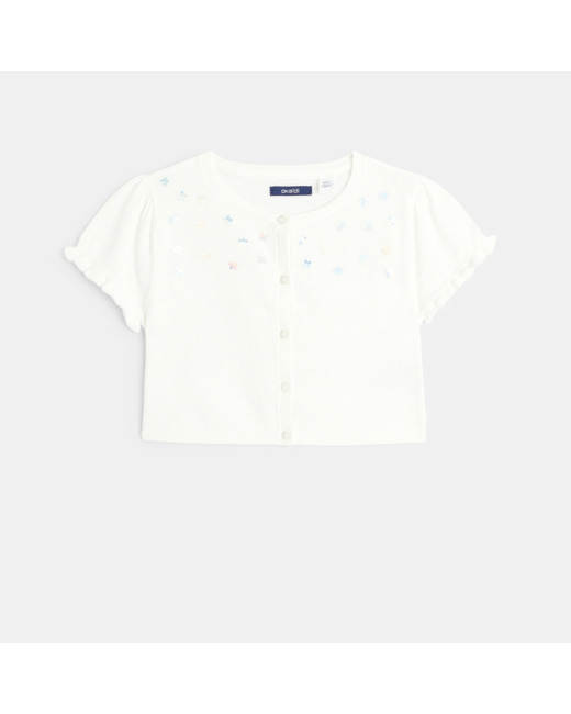 Boléro en maille fine et sequins fleuris blanc fille