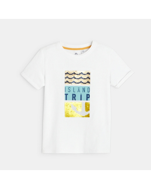 T-shirt à sequins magiques "Island Trip" blanc garçon