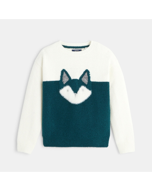 Pull fluffy à col rond vert fille