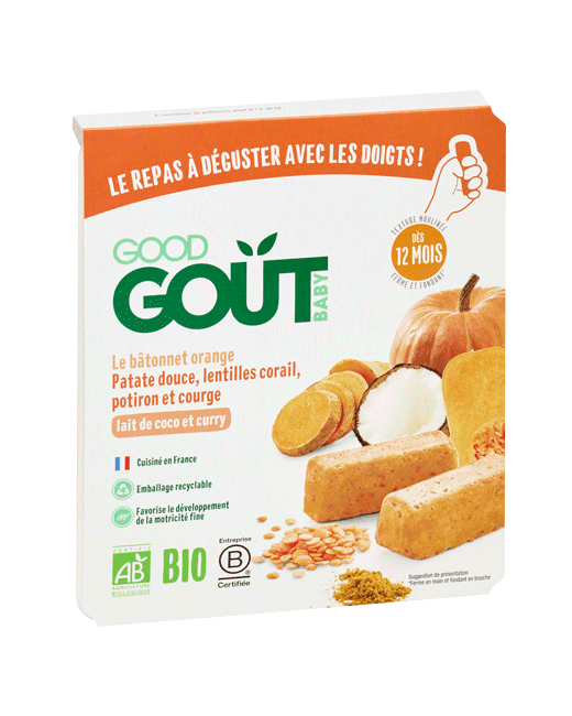 Petit plat bio Le bâtonnet orange, patate douce, lentilles corail, potiron, courge