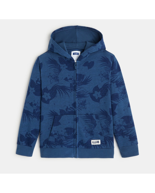 Sweat molleton zippé fleuri à capuche bleu garçon