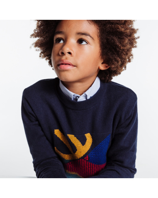 Pull col rond motif graphique en jacquard bleu garçon