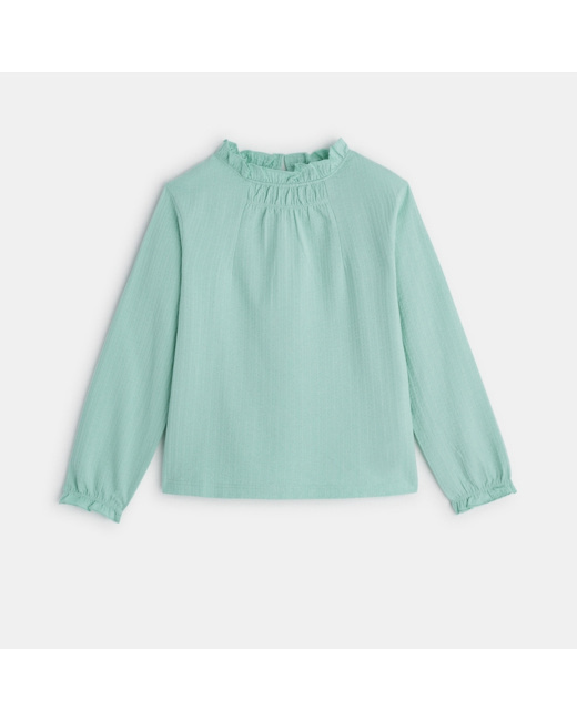 Blouse unie à col volanté verte fille