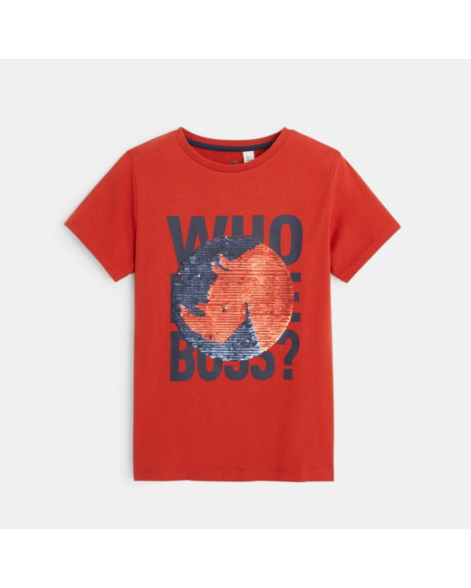 T-shirt sequins magiques message et animal orange garçon