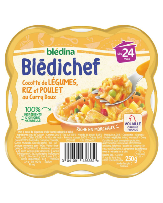 BLEDICHEF Cocotte de légumes, riz et poulet au curry doux