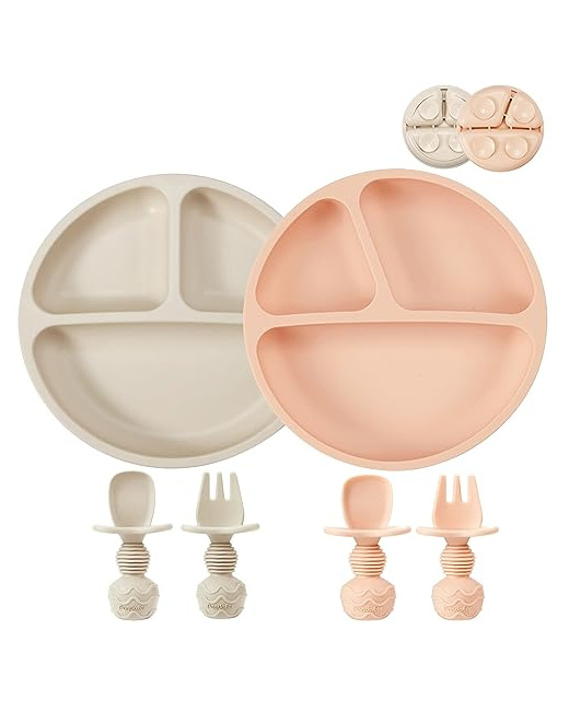 Lot de 2 assiettes à ventouse en silicone avec compartiments, 2 cuillères et 2 fourchettes