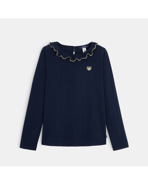 T-shirt brodé coeur à col collerette bleu fille