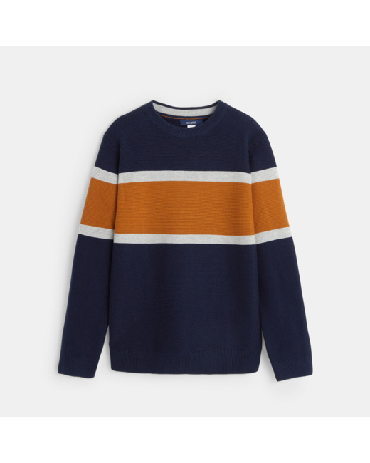 Pull col rond à large rayure bleu garçon