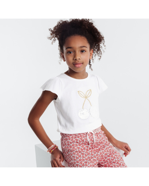 T-shirt à sequins motif cerise blanc fille