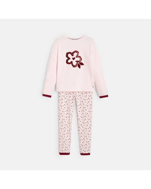 Pyjama 2 pièces à motifs fleur flockée et petits coeurs rose fille