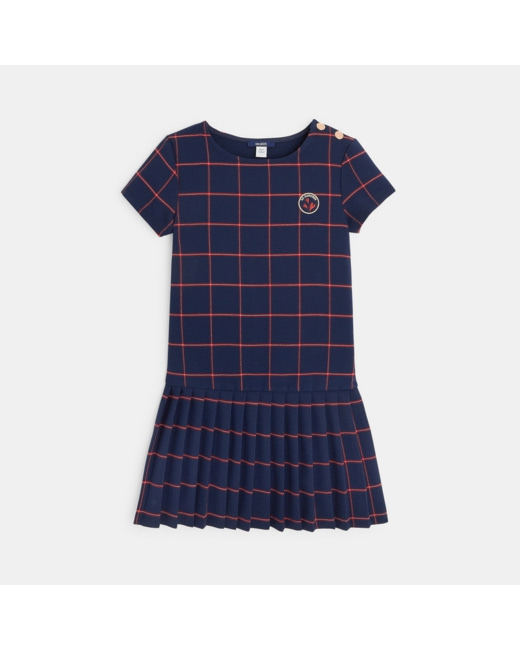 Robe plissée à carreaux et écusson Le Bonheur bleue fille