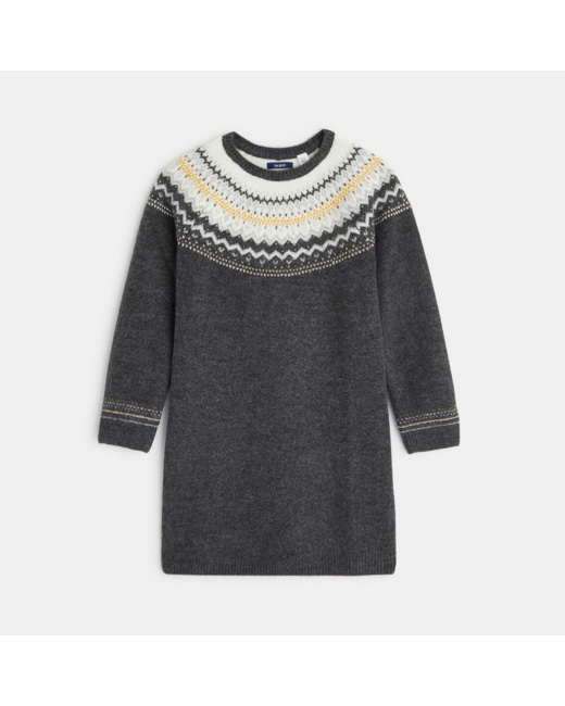 Robe-pull en tricot jacquard grise fille