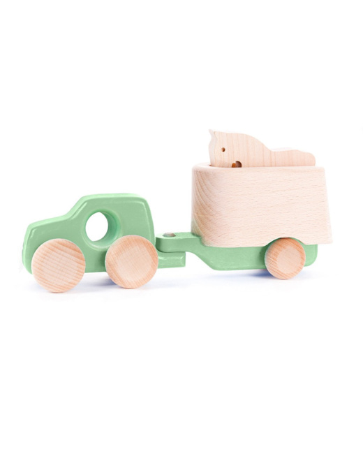 Jouet en bois - Voiture remorque avec cheval en bois