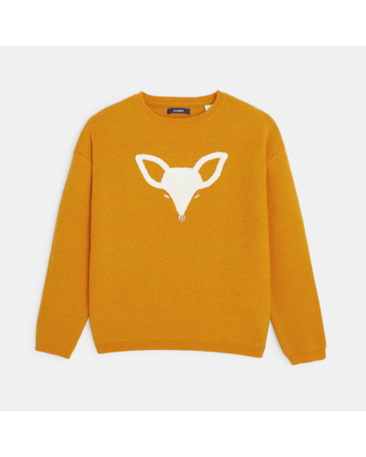 Pull en tricot motif renard jaune fille
