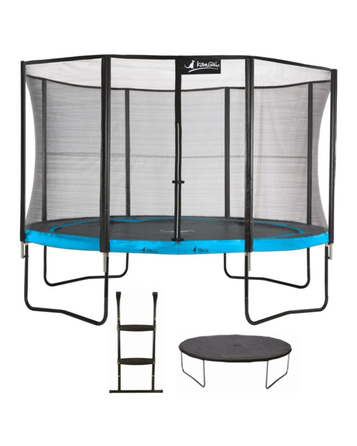 Trampoline de jardin rond 430 cm + filet de sécurité + échelle + bâche de protection PUNCHI